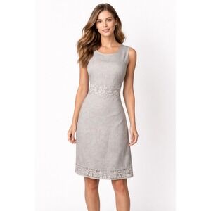 Femme Fatale Dress Womens Medium Gray Linen Boho Coastal Lace Trim Shift Summer